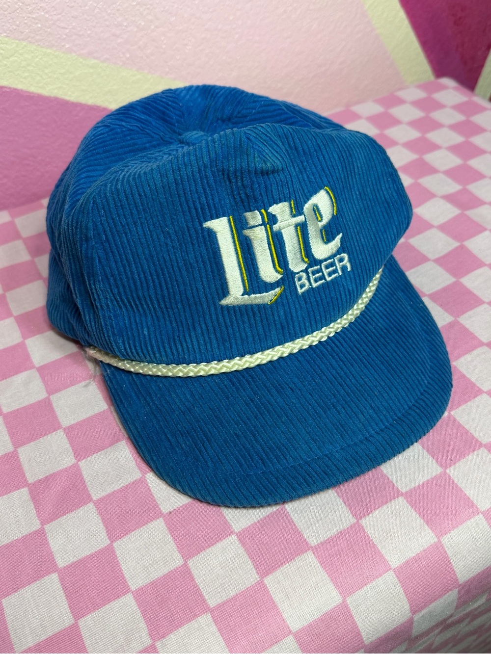 Vintage Miller Lite Beer Blue Corduroy Rope Hat